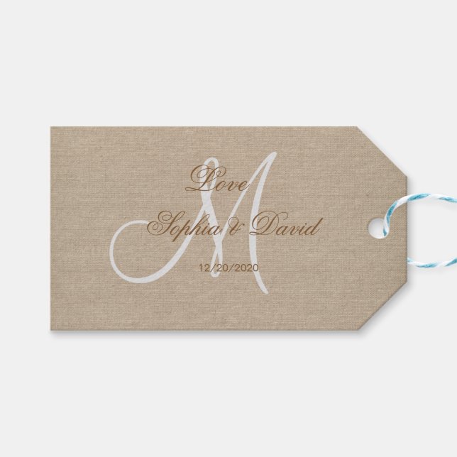 Rustikale Linen Leinwand Wedding Monogram Geschenkanhänger (Vorderseite (Horizontal))