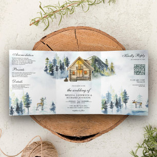 Rustikale Lodge im Bergwald QR-Code Hochzeit Dreifach Gefaltete Einladung