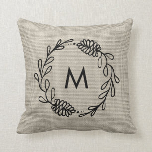 Rustikale Lorbeer-Farmhouse-Tannenzapfen-Monogramm Kissen