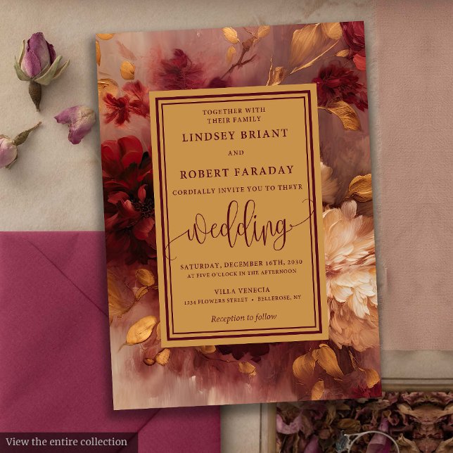 Rustikale Lux Deep Red Gold Rose Hochzeit Einladun Einladung (Rustic Lux Deep Red Gold Roses Wedding Invitation)