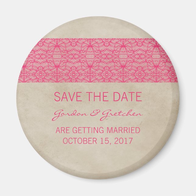 Rustikale Magnet-Hochzeitseinladung "Pink Lace" Magnet (Vorne)
