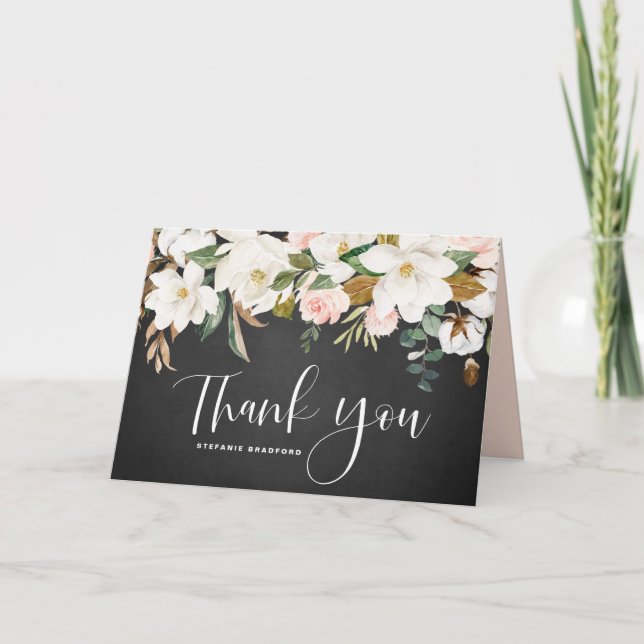 Rustikale Magnolia Cotton Garland Chalkboard Weddi Dankeskarte (Vorderseite)