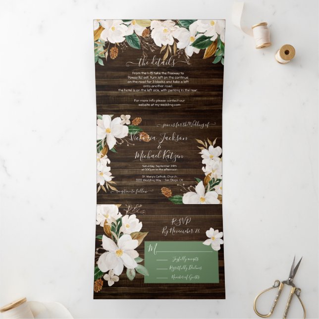 Rustikale Magnolia floral Wedding Tri-Fold Einladu Dreifach Gefaltete Einladung (Innenseite)