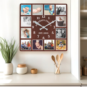 Rustikale Mahagoni-Holz-Farmhouse 12-Foto-Collage Quadratische Wanduhr