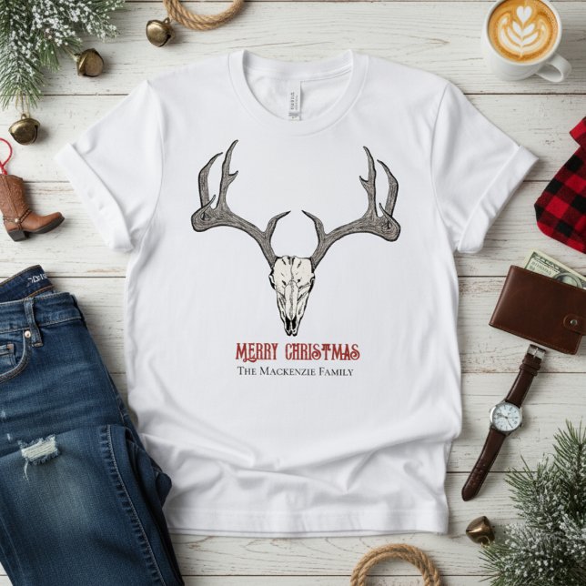 Rustikale Männerkopfmänner T-Shirt (Merry Christmas Mens TShirt with Reindeer Skull & Antlers Illustration in Black Ink. Gothic Vibes)