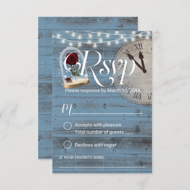 Rustikale Märchenmesse Dusty Blue Barn Wedding RSV RSVP Karte (Vorne/Hinten)