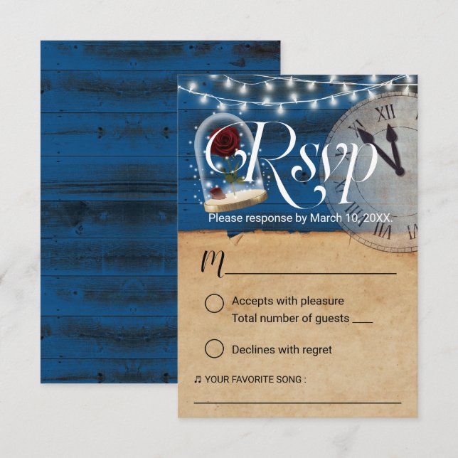 Rustikale Märchenschiff Blauer Stall Hochzeit RSVP Karte (Vorne/Hinten)
