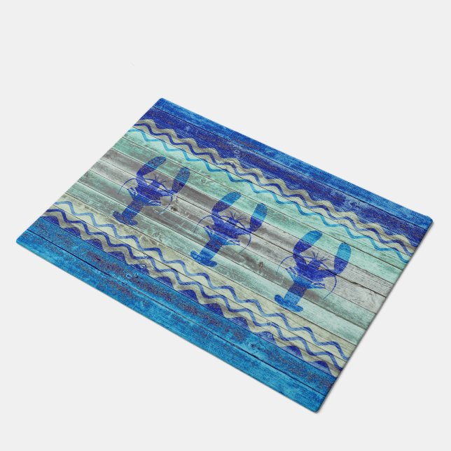 Rustikale Marine-Blau-Küstendekor-Hummer Fußmatte (Schrägansicht)