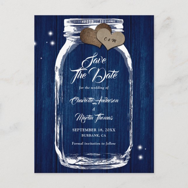 Rustikale Marine Blue Mason Jar Wedding speichern  Ankündigungspostkarte (Vorderseite)