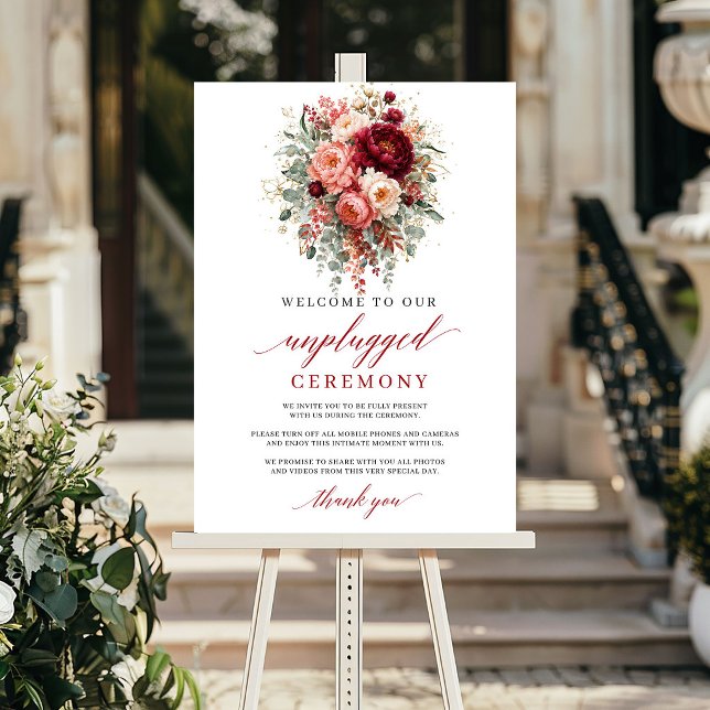 Rustikale marine Herbstblumen Hochzeit ohne Techni Poster (Rustic Maroon Autumn Floral Unplugged Ceremony Sign

)