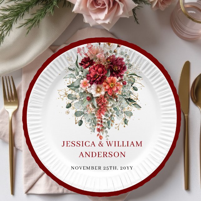 Rustikale marineblaue Herbst-Blumen-Hochzeitspapie Pappteller (Rustic Maroon Autumn Floral Wedding Paper Plates

)