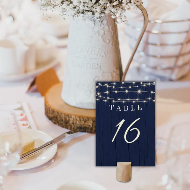 Rustikale marineblaue Lichterketten Hochzeit Tischnummer (Von Creator hochgeladen)
