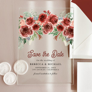 Rustikale Marsala-Blumen-Hochzeit Save the Date Acryleinladungen