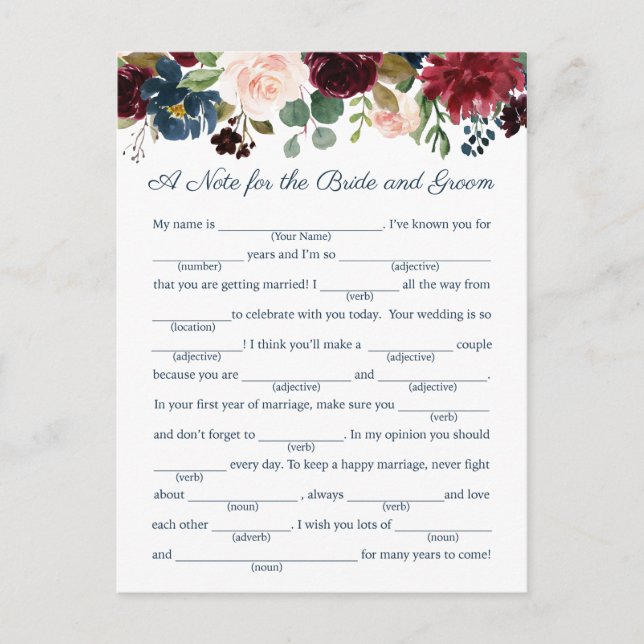 Rustikale Marsala Floral Wedding Advice Cards Postkarte (Vorderseite)