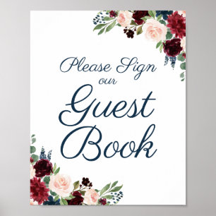 Rustikale Marsala Floral Wedding Guest Book Sign Poster