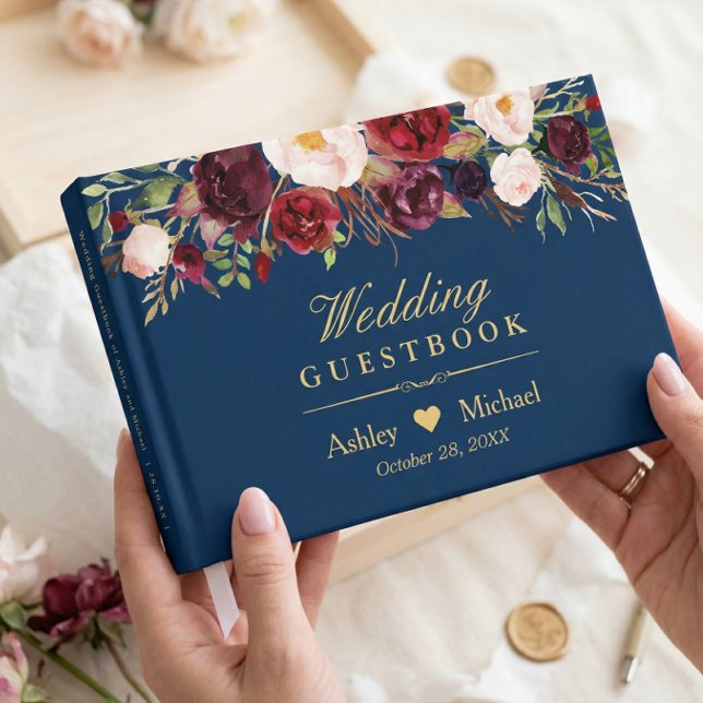 Rustikale Marsala Red Floral Navy Blue Wedding Gästebuch (Von Creator hochgeladen)