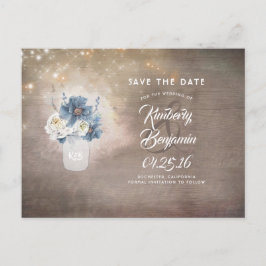 Rustikale Mason Dusty Blue Floral Save the Date Ankündigungspostkarte