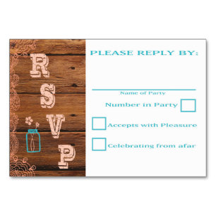Rustikale Mason Jar RSVP-Karten Peach Teal Tischnummer