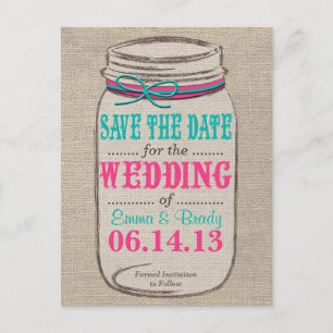 Rustikale Mason Jar Save the Date Pink Aquamarin Ankündigungspostkarte