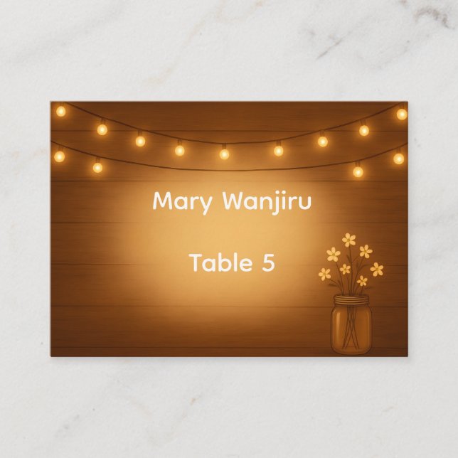Rustikale Mason Jar & String Lights Hochzeit Platzkarte (Vorderseite)