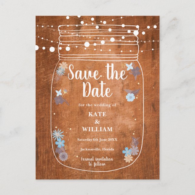 Rustikale Mason Jar String Lights Save the Date Einladungspostkarte (Vorderseite)