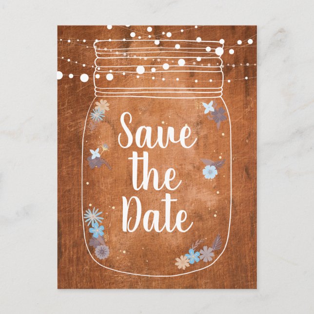 Rustikale Mason Jar String Lights Save the Date Einladungspostkarte (Vorderseite)