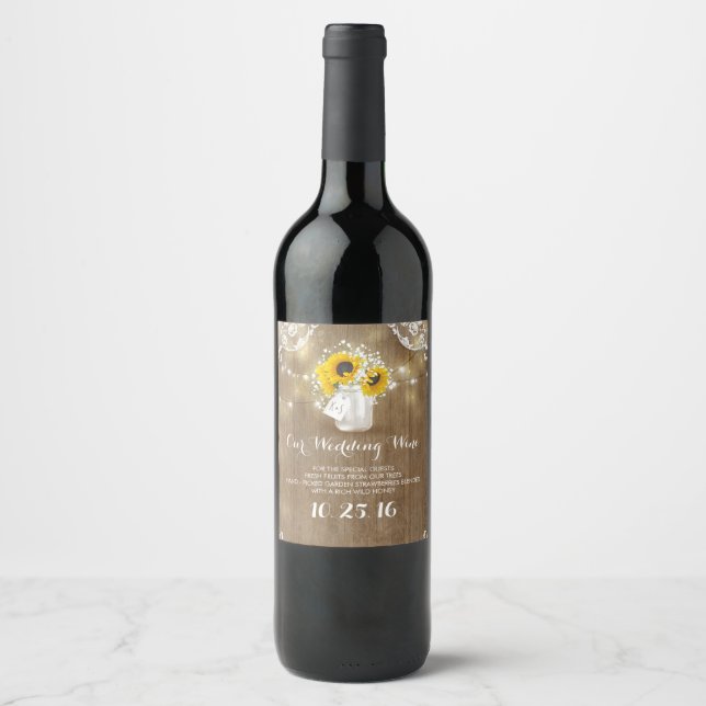 Rustikale Mason Jar und Sonnenblumen mit Gipskraut Weinetikett (Vorderseite)