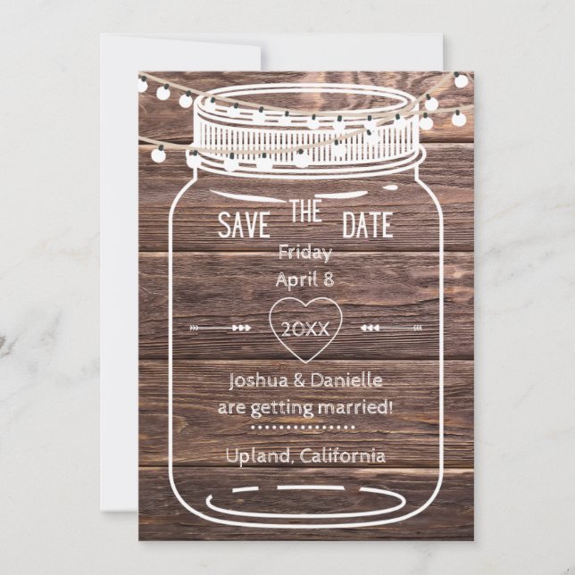 Rustikale Mason String Lights Jar Save the Date Ca (Vorderseite)