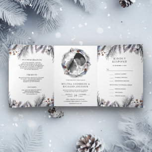 Rustikale Mattierte Pine-Blätter Winterhochzeit Dreifach Gefaltete Einladung