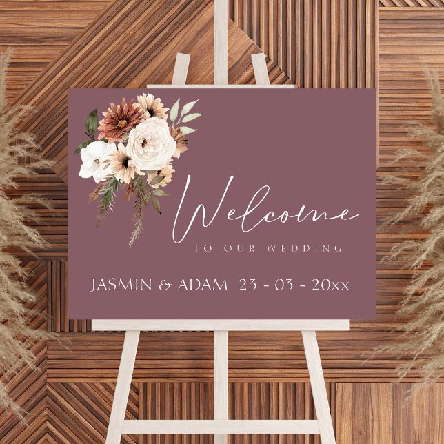Rustikale Mauve-Pfirsich-Blumen-Script-Hochzeitsta Poster (Rustic Purple Peach Floral Wedding Welcome Sign)
