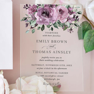 Rustikale Mauve-Pflaume-Lila-Blumen-Hochzeit Acryleinladungen