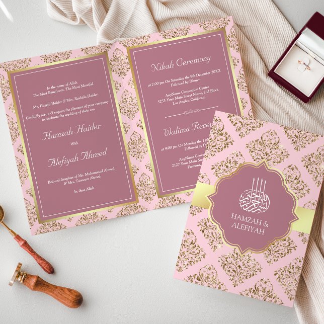 Rustikale Mauve Pink Gold Damask muslimische Hochz Einladung (Von Creator hochgeladen)
