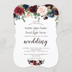 Rustikale Merlot-Hochzeit mit blauer Flora Einladung