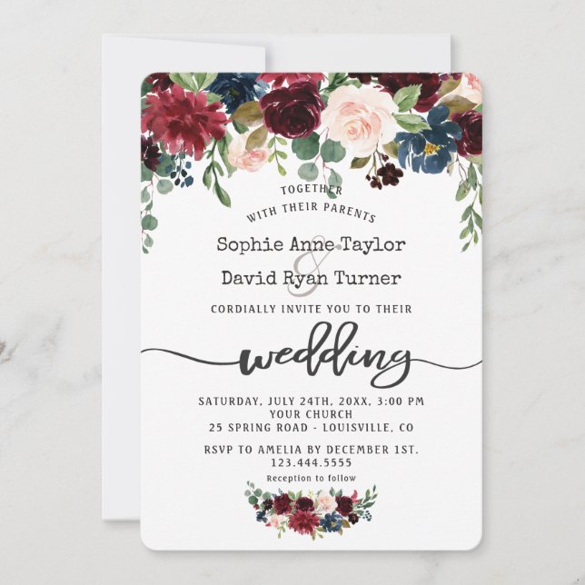 Rustikale Merlot Navy Blue Floral Handwriting Wedd Einladung (Vorderseite)
