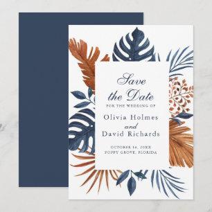 Rustikale Midnight-Blue-Monstera-Hochzeitseinladun Save The Date