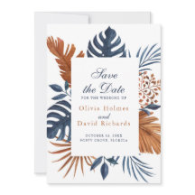 Rustikale Midnight-Blue Monstera Save-the-Date-Kar
