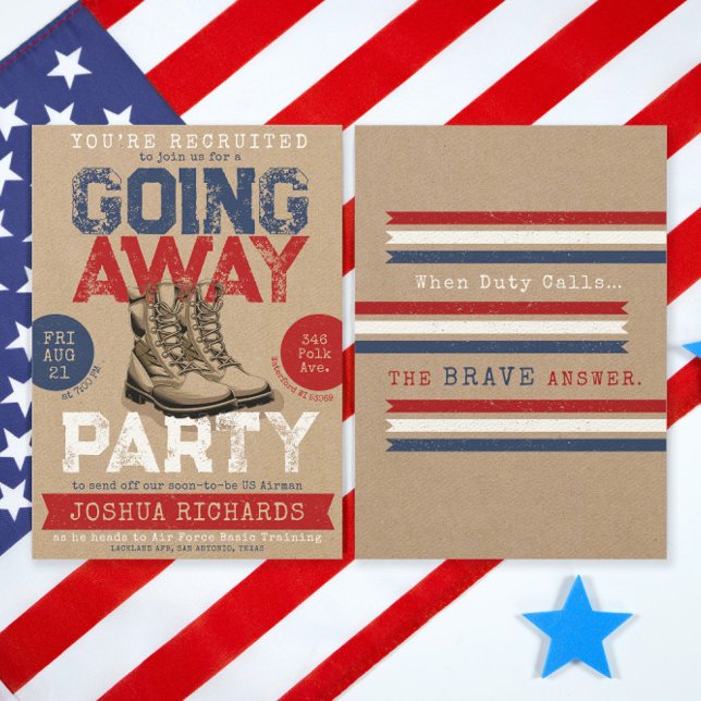 Rustikale Militärstiefel gehen weg vom Party Einladung (Military Combat Boots Going Away Party, Farewell Rustic Vintage Party Invitation, front and back )