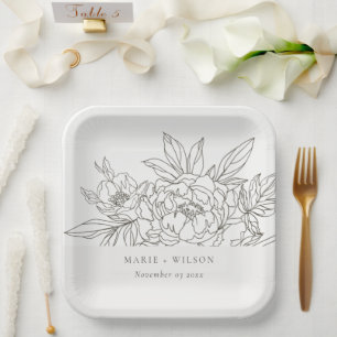 Rustikale Minimal Elegante Braun Sketch Hochzeit Pappteller