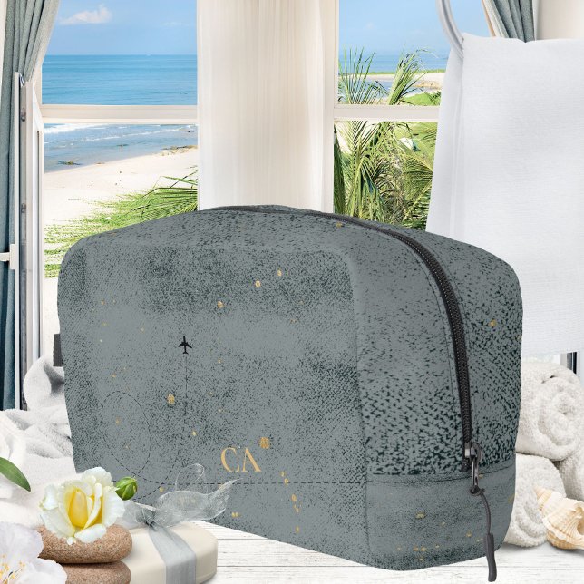 Rustikale Minimal-Monogram Black Gold Reise Waschbeutel (Rustic Minimal Monogram Airplane Black Gold Travel Dopp Kit ©Susanne Sachers - Sunny Wanderlust 🌞✈️)