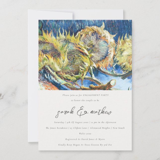 Rustikale Minimal Script Gelbe Sonnenblume Verlobu Einladung (Vorderseite)
