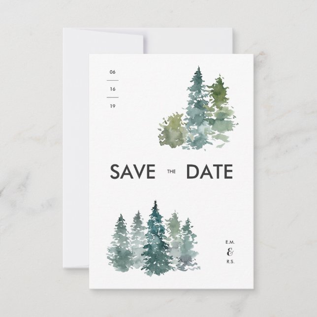 Rustikale Minimalistische Aquarellkiefern Save the Save The Date (Vorderseite)