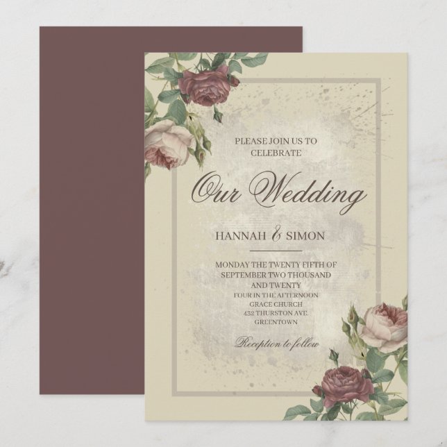 Rustikale Minimalistische Burgundy-Goldhochzeit Einladung (Vorne/Hinten)