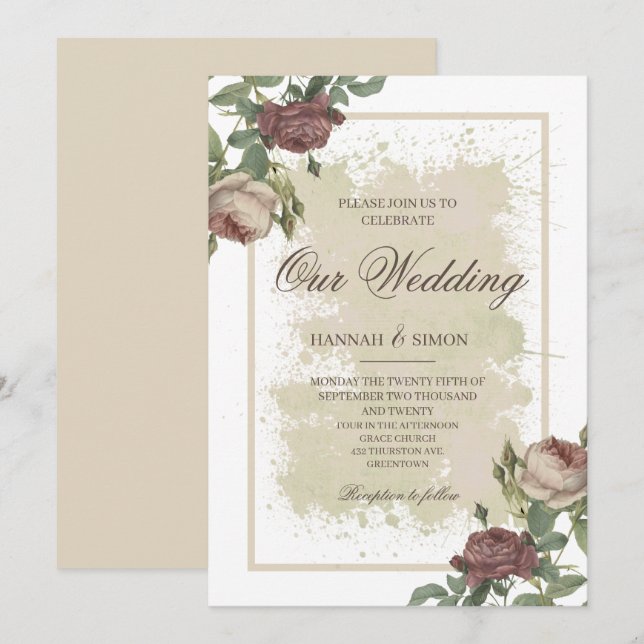 Rustikale Minimalistische Burgundy-Goldhochzeit Einladung (Vorne/Hinten)