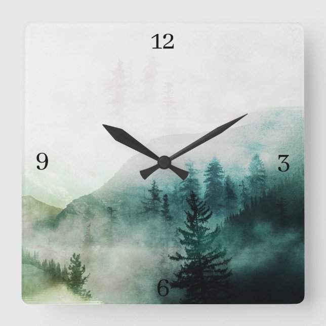 Rustikale Minimalistische Waldlandschaften Quadratische Wanduhr (Vorderseite)