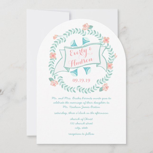 Rustikale Minzpfirsichkoralle Vintag Blumengarten Einladung (Vorderseite)