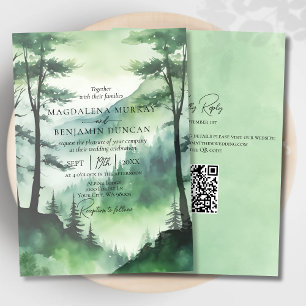 Rustikale Misty Mountains Pine Trees QR Code Hochz Einladung