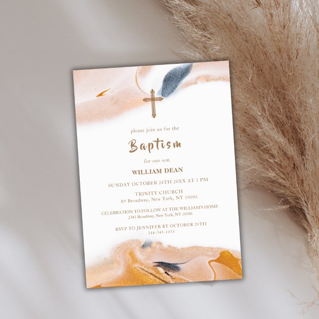 Rustikale moderne Abstrakte Wasserfarben Kreuztauf Einladung (Rustic Modern Abstract Watercolor Cross Baptism Invitation)