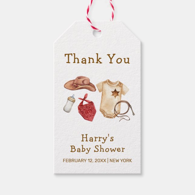 Rustikale moderne Boho Western Cowboy Babydusche Geschenkanhänger (Vorderseite)