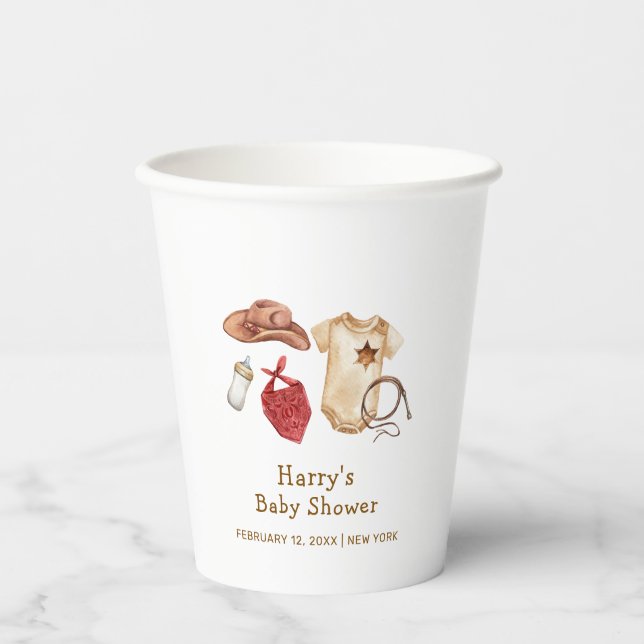 Rustikale moderne Boho Western Cowboy Babydusche Pappbecher (Vorderseite)