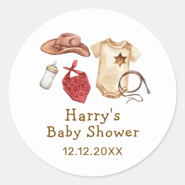 Rustikale moderne Boho Western Cowboy Babydusche Runder Aufkleber (Vorderseite)